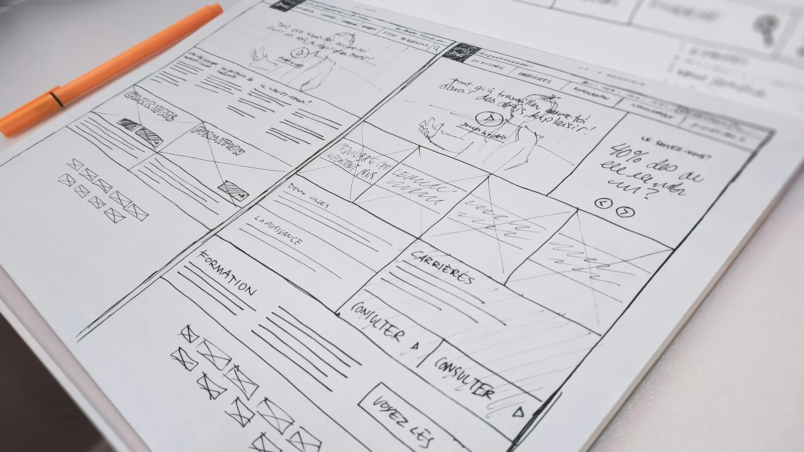 Website wireframe sketches and notes spread across paper beside an orange pencil.